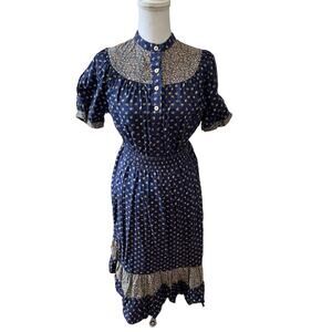 Vintage 70s Cottage Core Prairie Peasant Skirt Set Blue Floral Print